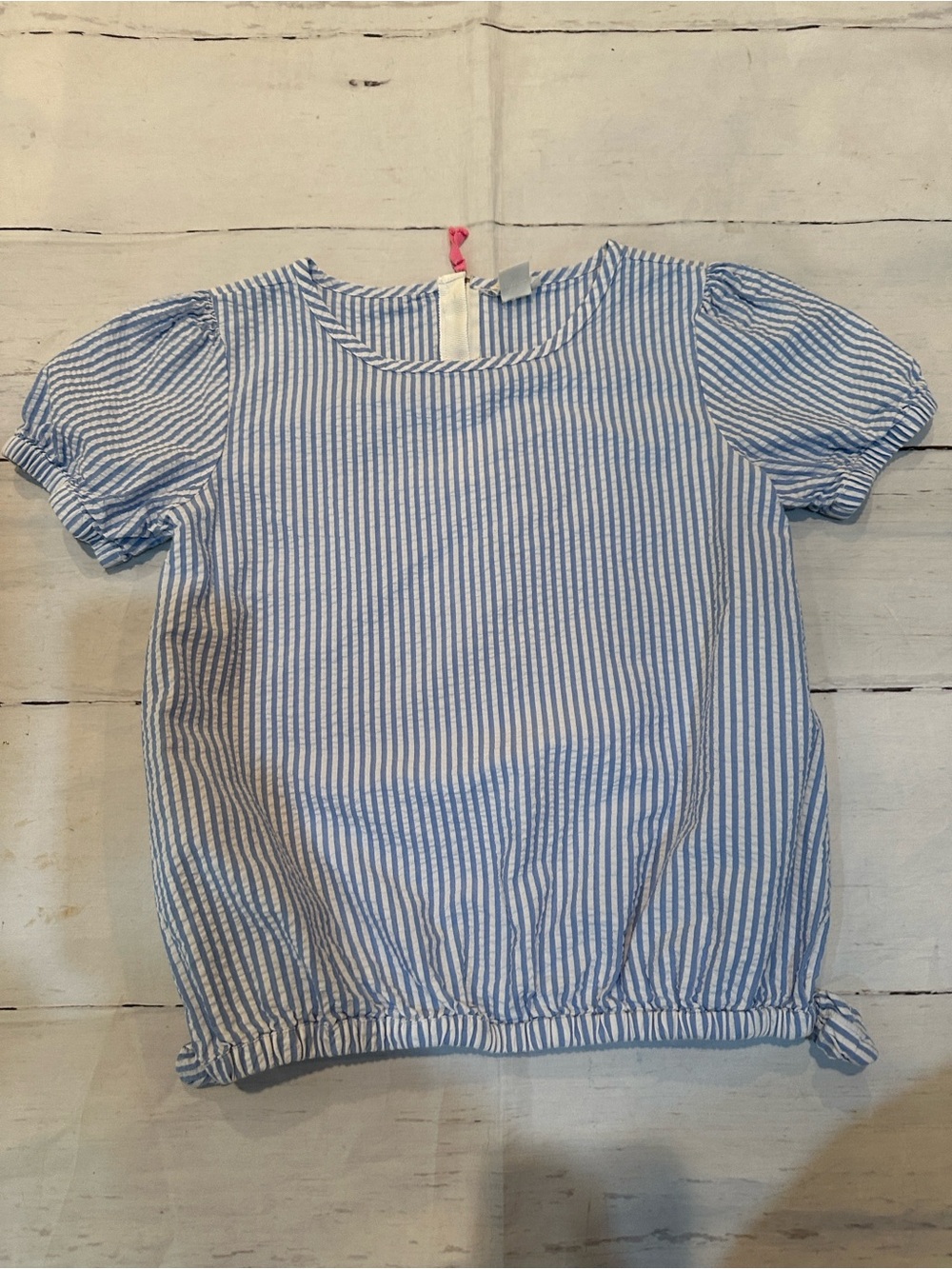 J. Crew seersucker Light Blue and White Striped Puff Sleeve Top size 10